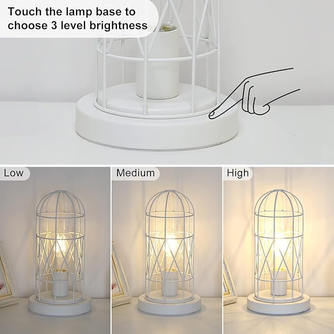 Seaside village Bedside Touch Lamp, Small Table Lamp for Bedroom Living Room, 3 Way Dimmable Modern Nightstand Lamp, Simple Desk Lamp with White Metal Cage Shade, 2700K LED Bulb Included