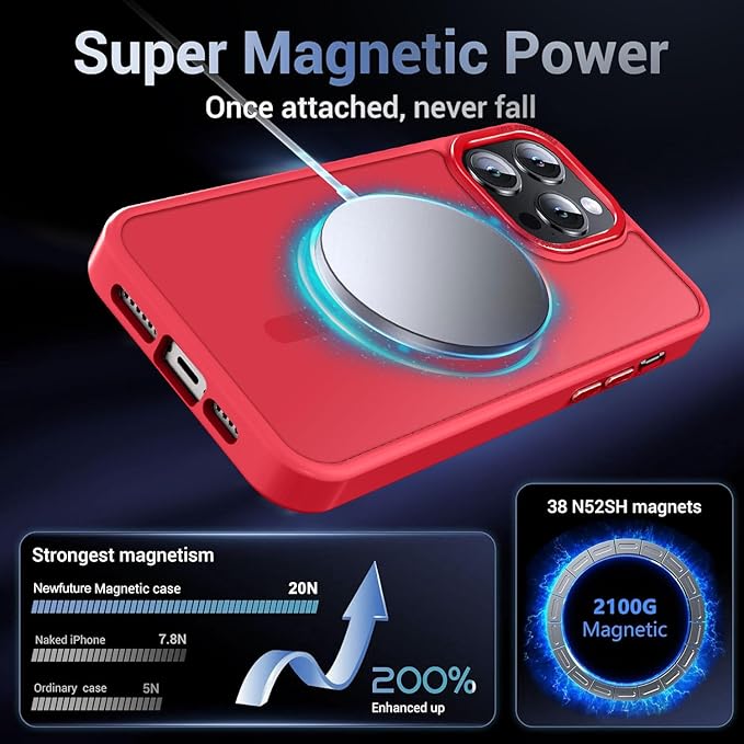 Newfuture Designed for iPhone 13 Pro Max Case with Magnetic [13 FT Military Drop Protection] [Compatible with Magsafe] Slim Translucent Matte Shockproof with Anti-Fingerprint Phone Case, Red