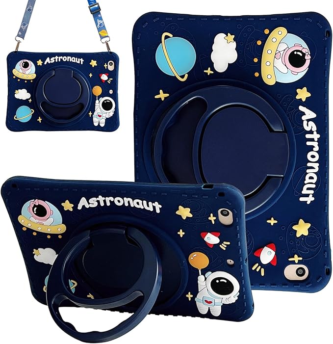 Cute Case for Apple iPad 9th 8th 7th Generation 10.2 Inch 2021/2020/2019 Model, EVA Kickstand Heavy Duty Shockproof Kids Friendly Bumper Case with Shoulder Strap Cover for iPad 10.2", Blue Astronaut