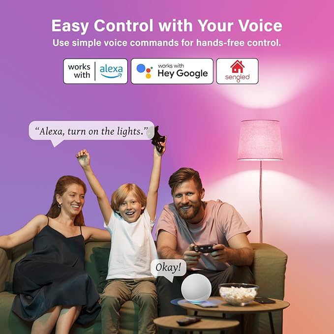 Sengled G2 Smart Light Bulbs That Compatible with Alexa & Google Assistant, Wi-Fi & Bluetooth LED Light Bulbs Dimmable, Led Bulbs 5000K Daylight, No Hub Required, 60W Equiv. 800LM CRI>90, 4 Pack