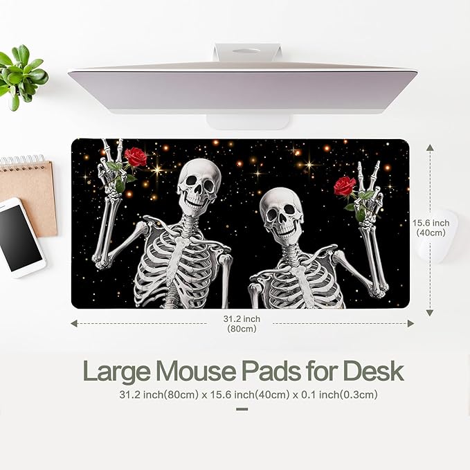 Love, Roses and Skulls Mouse Pad Desk Mat, Waterproof Black XXL Extended Large Gaming Mouse Pad Halloween Skull Rose Desk Pad Mousepad XXL Extended Keyboard Mat Mouse Mat, 31.5 x 15.7 in