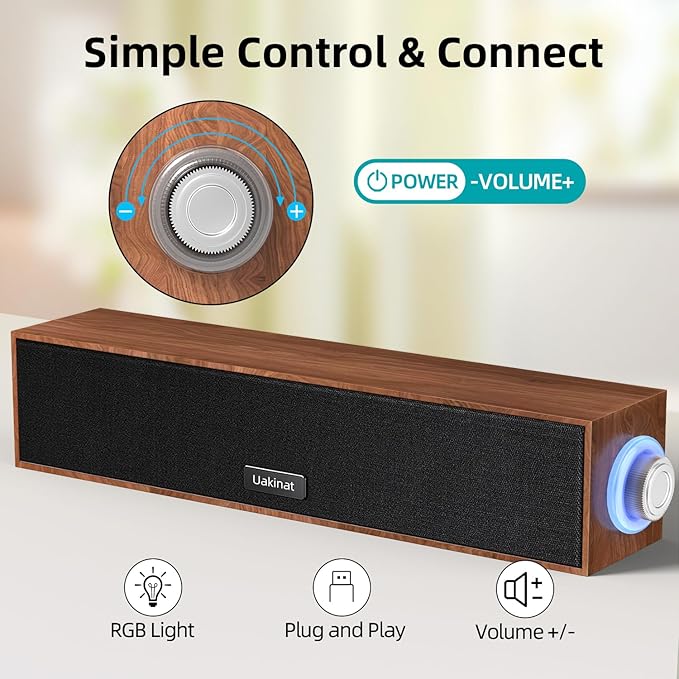 Uakinat Computer Speakers,Wooden Multimedia Digital Speaker,USB Powered 3.5mm AUX PC Speakers,Surround Sound Portable Computer Sound Bar Speaker for Desktop Laptop (Brown)