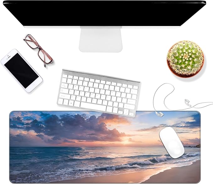 Thin Extended Gaming Mouse Pad with Stitched Edges Large Mousepad Long XXL Keyboard and Mouse pad Desk Mat for Gaming Office & Home - Galaxy Space (Beach)