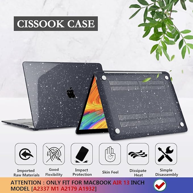 CISSOOK Sparkly Black Star Case for MacBook Air 13 Inch A2337 M1 A2179 A1932 2021-2018 Release, Plastic Glitter Bling Hard Shell Case with Keyboard Cover for MacBook Air M1 2021 with Touch ID