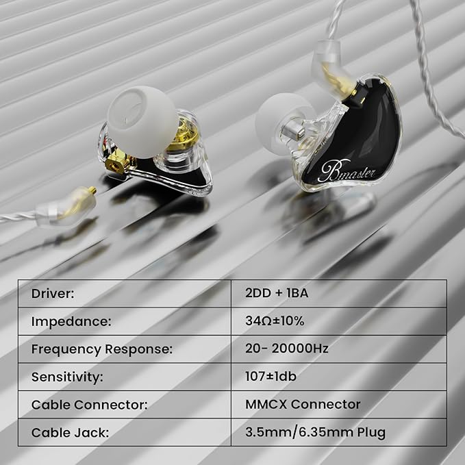 BASN in Ear Monitor Headphones, Triple Driver IEM Earphones with Powerful Bass, Noise Isolation HiFi Stereo Wired Earbuds for Musicians Singers Drummers (Black)