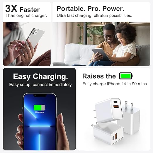 USB C Charger Block,3Pack 20W Dual Port USB C Wall Charger Plug Fast Charging Adapter USB A Quick Charging Brick Plug for iPhone Air/17 Pro Max/16E/16 ProMax/16Plus/15/14/13/12/11/XS,iPad Pro,AirPods