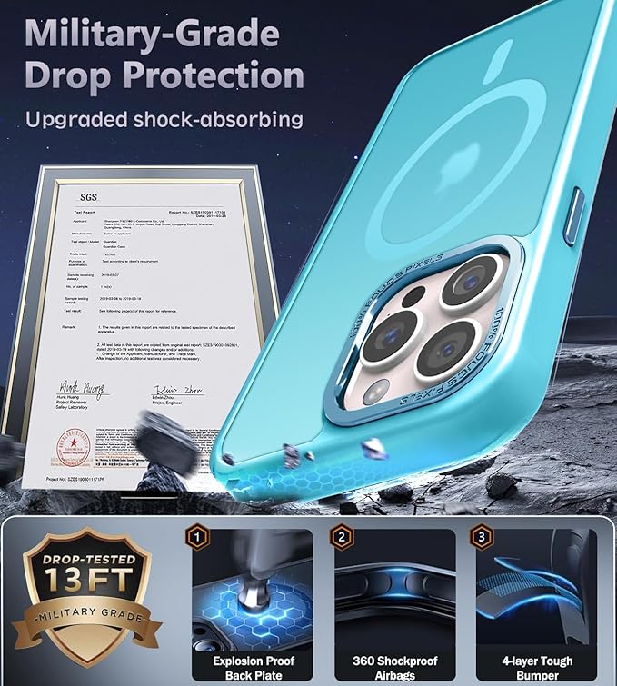 Newfuture Designed for iPhone 16 Pro Max Case with Magnetic [13 FT Military Drop Protection] [Compatible with Magsafe] Slim Translucent Matte Shockproof with Anti-Fingerprint Phone Case, Lake Blue