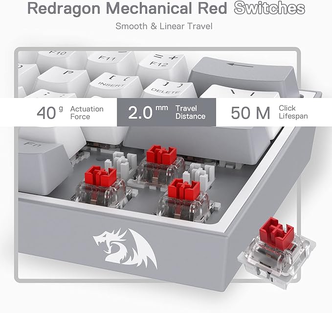 Redragon K617 Fizz 60% Wired RGB Gaming Keyboard, 61 Keys Hot-Swap Compact Mechanical Keyboard w/White and Grey Color Keycaps, Linear Red Switch, Pro Driver/Software Supported