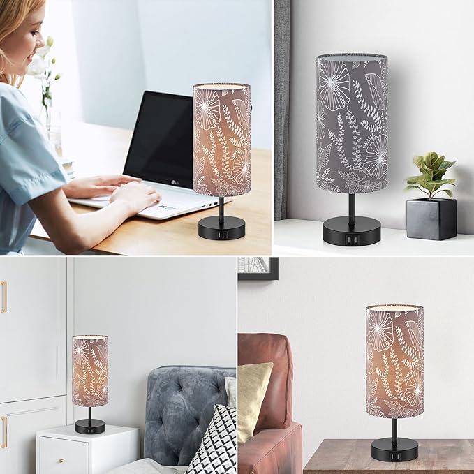 CINSARY Touch Control Bedside Lamp with 2 USB Ports, 3-Way Dimmable Table lamp for Bedroom, Nightstand Lamp with Round Grey Fabric Shade for Living Room Home Office (E26 LED Bulb Included)