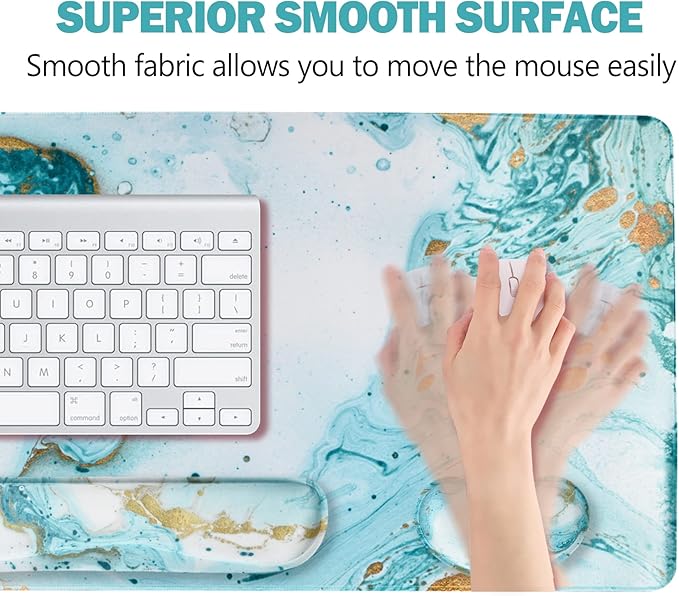 ARTSO Large Gaming Mouse Pad, Keyboard Wrist Rest Pad & Wrist Support Mousepad Set, Stitched Edge, Extended, Non-Slip Base, Memory Foam Desk Mat 4pcs for Office & Home, Teal Turqoise Marble