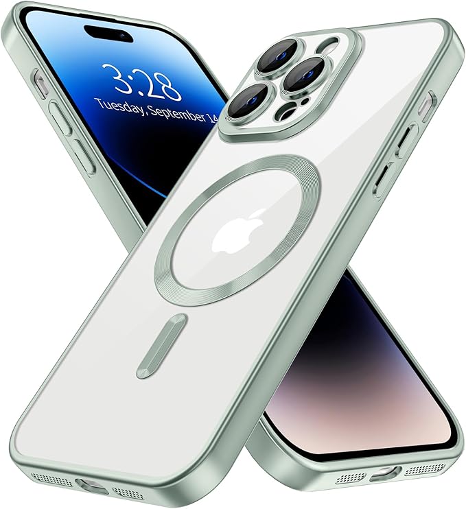 Hython Magnetic Clear for iPhone 14 Pro Max Case with Camera Lens Protector [Compatible with MagSafe] Plating Edge Slim Soft TPU Cover Protective Phone Case for iPhone 14 Pro Max 6.7", Matte Mint