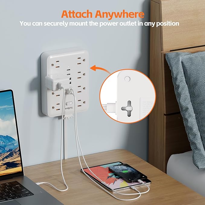 Extension Cord Flat Wall Plug with Surge Protector & 8 Outlets 6 USB Ports – 15A 1875W Power Strip for Home Office Dorm Room – 15ft Flat Cord in White – MCSCN