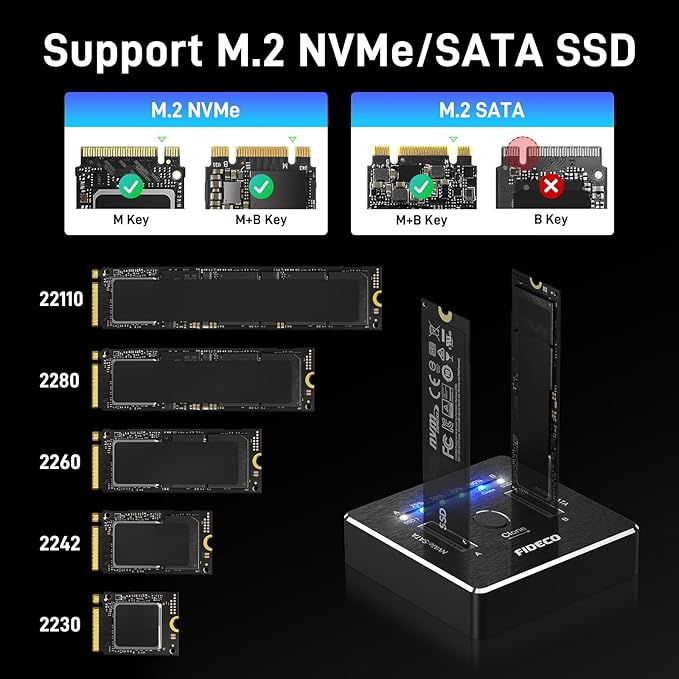 FIDECO M.2 NVMe SATA SSD Cloner Dock, USB 3.2 Gen 2 X 2, 20Gbps Dual NVMe SATA SSD Enclosure, M.2 Duplicator Cloner, Support Offline Clone, UASP and Trim, Aluminum Design