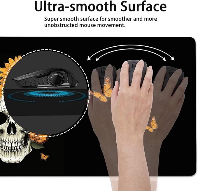 Large Mouse Pad, 31.5 x 11.8in Extended Gaming Mouse Pad with Stitched Edges, XXL Mousepad Protector Non Slip Rubber Base for Office and Home Writing Mat, Skulls and Sunflowers Pattern Black Desk Mat
