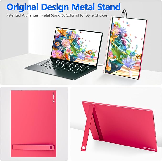 Veout 16Inch Pink Portable Monitor for Laptop, 1920x1200P IPS 16:10 Computer External Screen, 100% sRGB Stand Support Freesync, for Girl Phone, PC Home Use