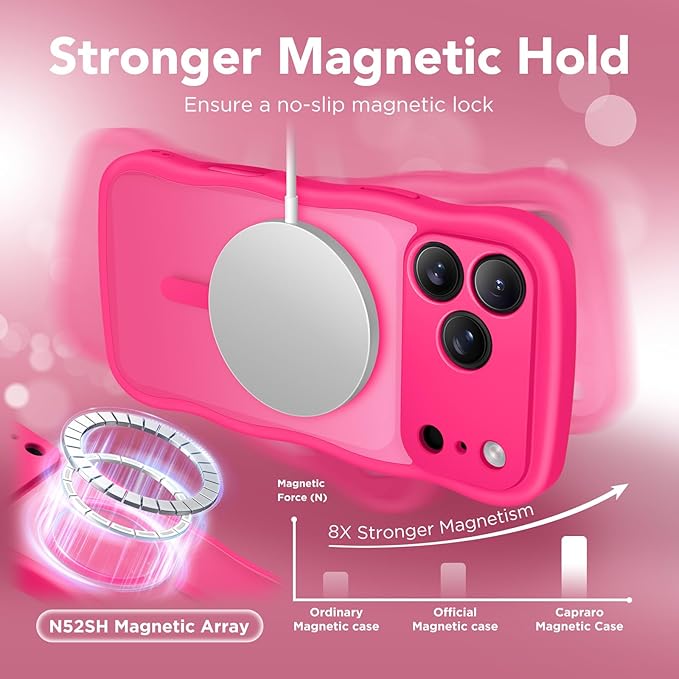 CAPRARO Magnetic for iPhone 17 Pro Case for Women Girls, Upgraded [Full Camera Protection] [Compatible with MagSafe] Cute Wave Translucent Matte Phone Case for iPhone 17 Pro, Hot Pink