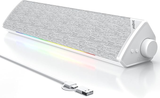 SOULION Computer Speakers, USB-Powered Bluetooth PC Soundbar with Dynamic RGB LED Lights, Surround Sound for Desktop, Laptop, Office, Work, Music & Gaming White (USB-C to USB Adapter Included)