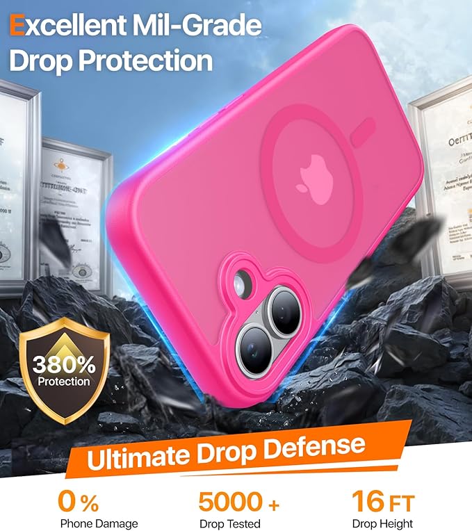 Magnetic for iPhone 17 Case,[Anti-Slip][Compatible with MagSafe][Military Grade Drop Protection] Shockproof Protective Translucent Matte Phone Case for iPhone 17 Case,Hot Pink