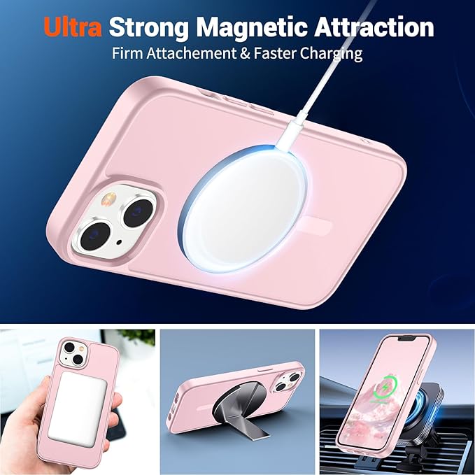 SUPFINE Magnetic for iPhone 14 Case & iPhone 13 Case (Compatible with MagSafe)(Military Grade Drop Protection) Translucent Matte Shockproof Phone Cover,Light Pink