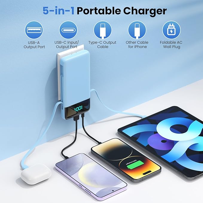 Portable Charger for iPhone,13800mAh Slim Power Bank with Built-in Cables & AC Wall Plug,All in One 4 Outputs USB C Fast Charging Battery Pack Travel Essential for iPhone 17/16/15/14,Android(Sky Blue)