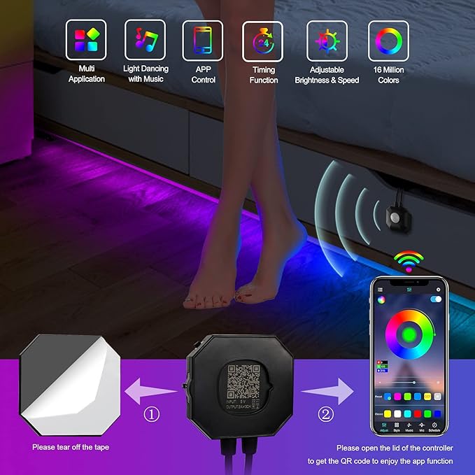 Motion Activated Under Bed Lights,9.84FT App Control Dimmable Night RGB Led Strip Lights,Motion Sensor LED Light Strip with 5V USB, Variety Color Dynamic Modes Music Sync for Cabinet Bedroom Stairs