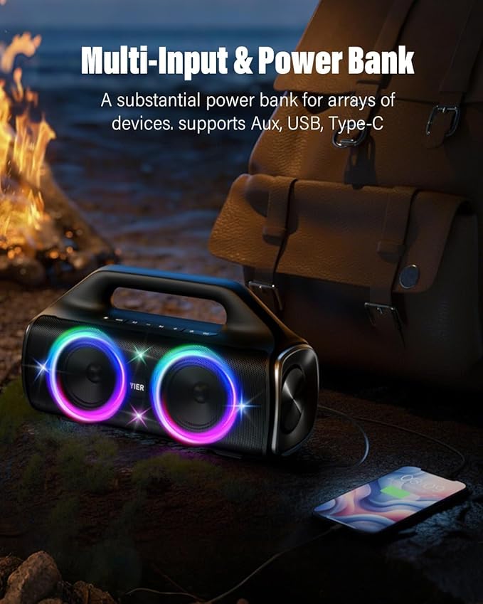 YIER Speakers, 80w (Peak) Portable Wireless Speaker with Lights, Stereo Loud Sound, IP67 Waterproof, Deep Bass Outdoor Speakers Bluetooth 5.3 Dual Pairing for Home Party Beach Camping, Gifts