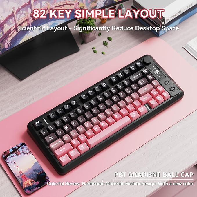 ZIYOU LANG M75 Wireless Gaming Keyboard, RGB Backlit Rechargeable 2000mAh Battery, Small Membrane But Mechanical Feel Keyboard with Smart Display & Knob, PBT Gradient keycaps for PC, MAC-BlackBerry