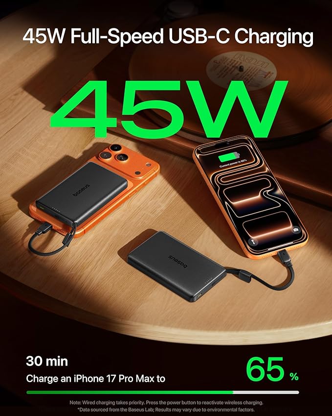 Baseus Picogo AM52 MagSafe Power Bank, Qi2.2 25W 10,000mAh Magnetic Portable Charger, 0.6" Slim Built-in 45W USB-C Cable, Alloy Fast Charging Wireless Battery Pack for iPhone 17/16/15/14/13/12 Only