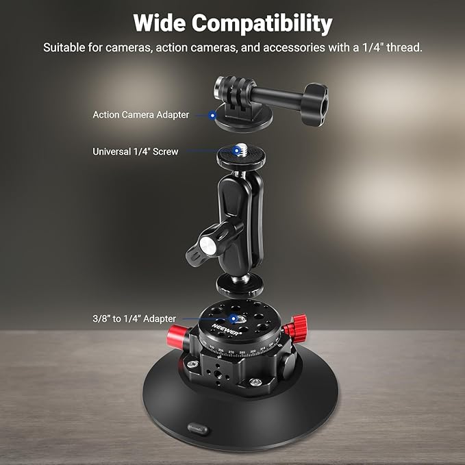 NEEWER 6" Suction Cup Camera Mount with Ball Head Magic Arm, 2 Pack Metal Car Mount for Camera/Action Camera/Phone, Air Pump Vacuum on Car or Window Glass with 1/4" 3/8" ARRI Mounting Holes, CA013