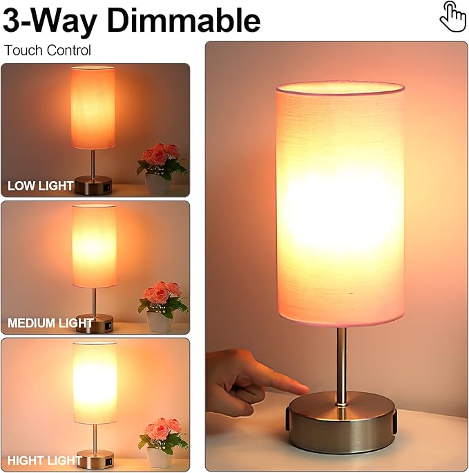 Yarra-Decor 【Upgraded Bedside Lamp with USB A+C Charging Ports & AC Outlet Touch Control Table Lamp for Girl Bedroom 3 Way Dimmable Nightstand Lamp with Pink Shade for Home, Dorm(Bulb Included)