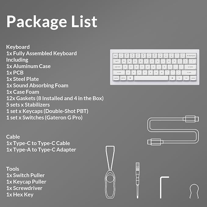 Keychron Q4 Wired Custom Mechanical Keyboard, QMK/VIA Programmable Macro, Full Aluminum, Hot-Swappable Gateron G Pro Brown Switch, 60% Layout Double Gasket Compatible with Mac and Windows - White