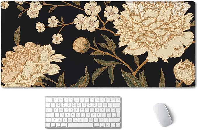 SSOIU White Peony Desk Pad, Beige Desk Protector, Green Desk Blotter, Floral Keyboard Mat, Extended Gaming Mouse Pad (35.5x15.7 in), Large Non-Slip Rubber Base Mousepad with Stitched Edges