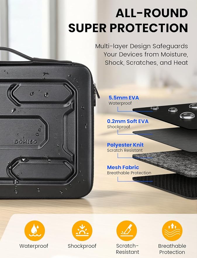 DOMISO Laptop Hard Case 15-16 inch Waterproof Shockproof Hard Shell Laptop Sleeve with Handle & Storage Pocket, Compatible with MacBook, HP, Dell, Black