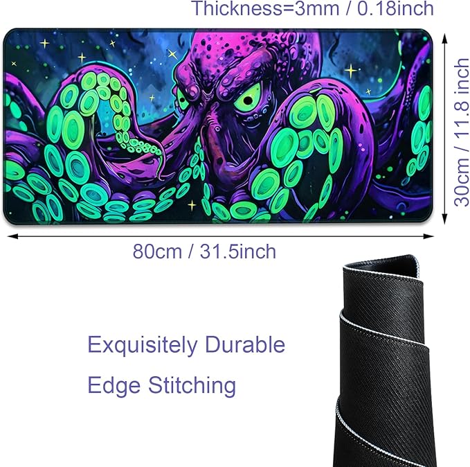Simpkeely Blacklight Octopus Gaming Mouse Pad – UV Reactive Kraken Tentacles Desk Mat, Neon Glow in The Dark Waterproof Extended Mousepad with Non-Slip Rubber Base for Office & Home – 31.5" x 11.8"