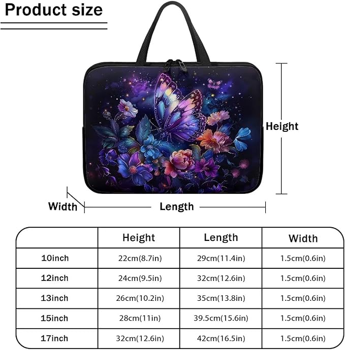 Purple Butterfly Floral 17 Inch Laptop Sleeve, Protector Laptop Case Tote Bag, Women Computer Cover with Zipper Work Travel Handbag Tablet Carrying Shoulder Bag for School Business