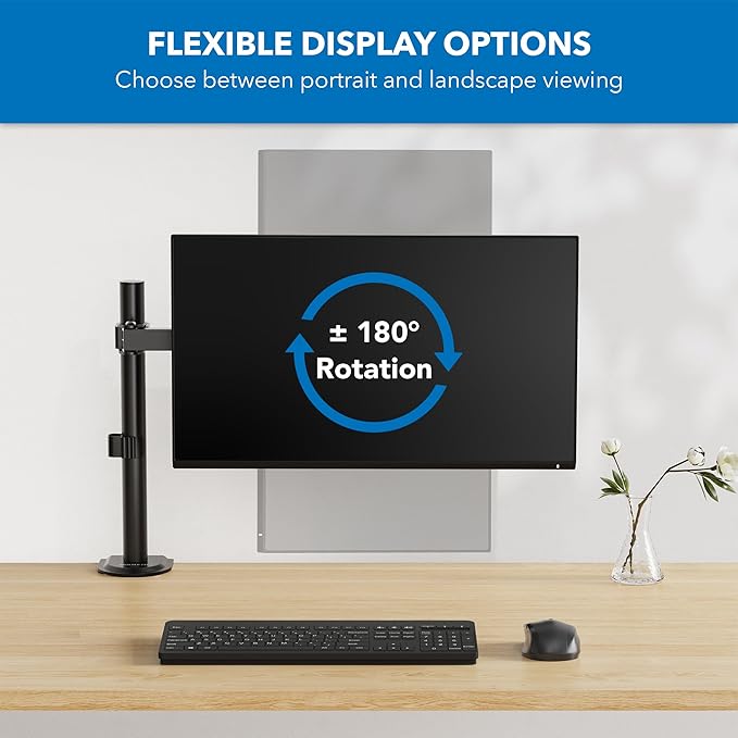 Mount-It! Single Monitor Arm 17" to 32", Full Motion Adjustment with Tilt, Rotation, Swivel, Height Adjustment Along Pole, Clamp or Grommet Mounting, Monitor Desk Mount VESA 75x75 and 100x100, Black