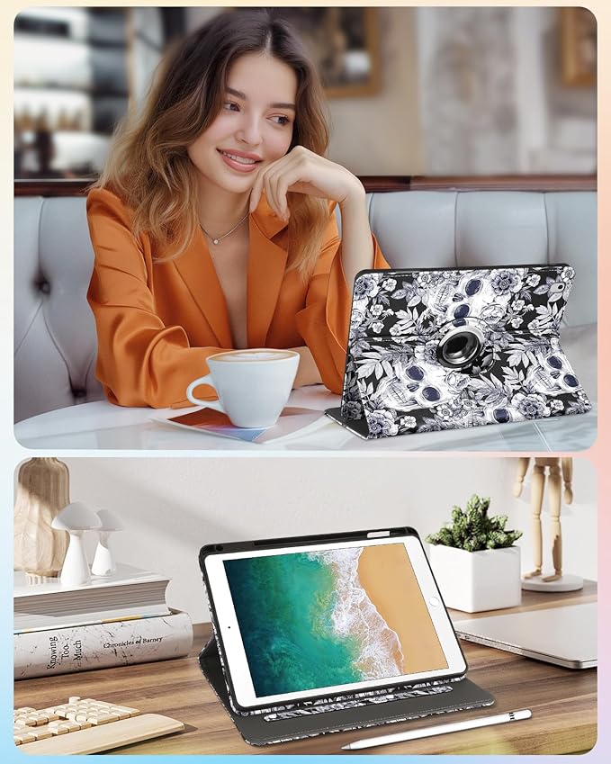 Kidcube for iPad 5th Generation Case 2017/Air 1st 2013/Pro 9.7 Inch Case 2016 - Women Girls Kids Cute Rotating Stand Folio Cover with Pencil Holder & Card Slot Flowers Goth Skull Unique Design Cover