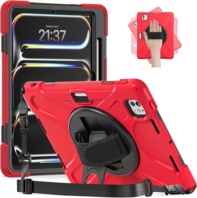 Batianda Case for New iPad Pro 11-inch 2025 M5 2024 M4 Chip Heavy Duty Rugged Durability Silicone Tablet Cover with 360° Rotating Hand Strap Foldable Hidden Stand & Shoulder Strap, Red