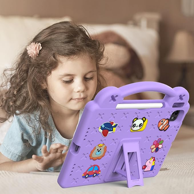 Dteck iPad Air 13"/Pro 13" 2024 M4/Pro 12.9 6th/5th/4th/3rd Gen Case - Cartoon Panda Shockproof Rugged Lightweight Convertible Stand With Handles, Kid-Friendly, Light Purple