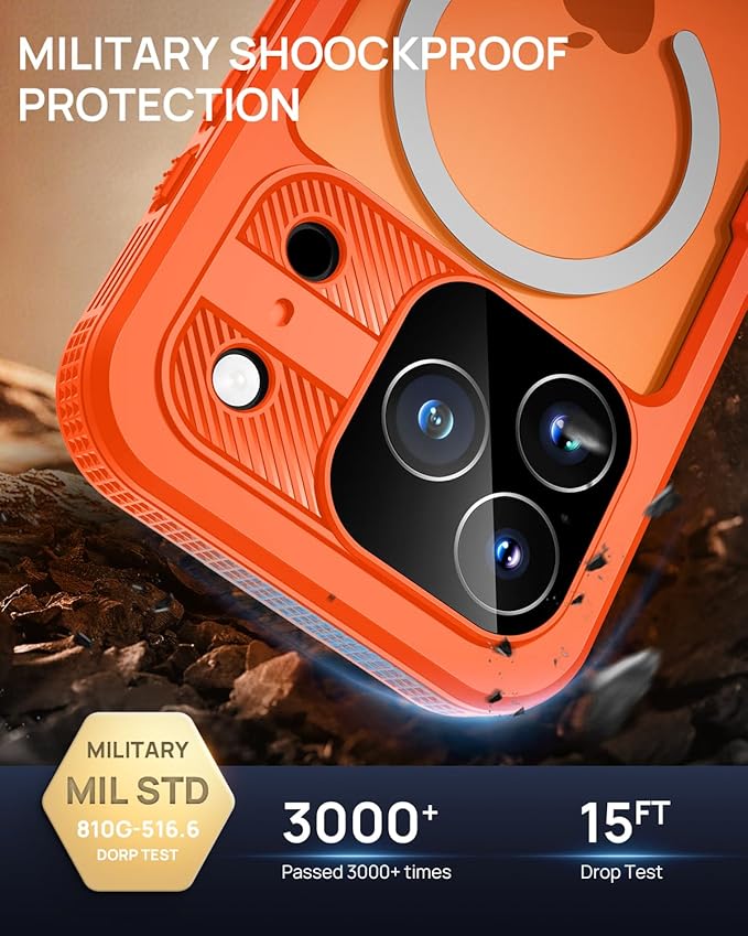 Lanhiem Magnetic for iPhone 17 Pro Max Case, IP68 Waterproof, Dustproof, Compatible with Magsafe, Built-in Screen Protector, Full Body, Heavy Duty, Rugged Phone Cover, 6.9 inch, Cosmic Orange