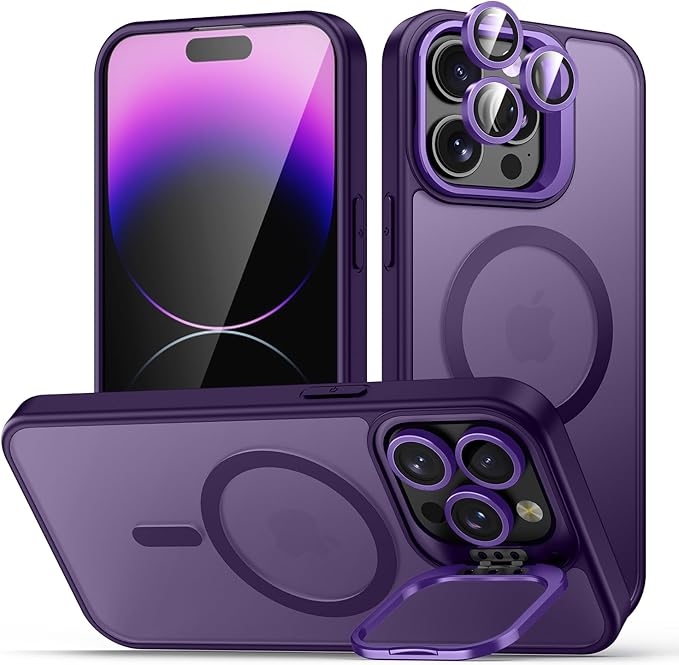 TOBOVON for iPhone 14 Pro Case, Compatible with MagSafe, Built-in Camera Ring Stand, with Individual Camera Cover, Translucent Matte Military-Grade Drop Protection Magnetic Case, Purple
