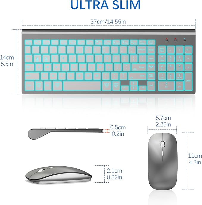 TopMate Wireless Keyboard and Mouse Ultra Slim Combo, 2.4G Silent Compact USB 2400DPI Mouse and Scissor Switch Backlit Keyboard Set, for PC/Laptop/Windows/Mac/Gaming - Gray Silver