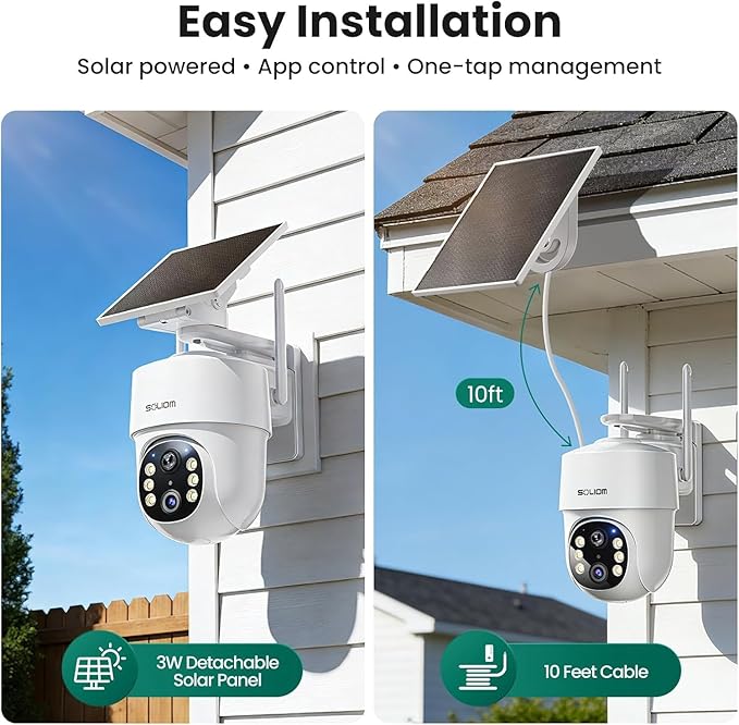 SOLIOM- 5MP Security Cameras Wireless Outdoor, No Subscription & Solar Powered,2-Cam Pack Home Security Camera with 360° Auto Human Motion Tracking, 3K Color Night Vision,5G & 2.4G Router Compatible