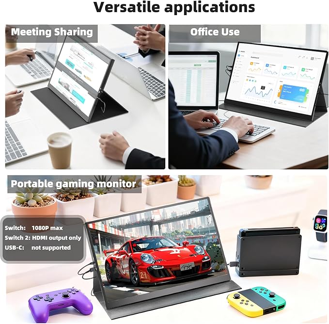 Portable Gaming Monitor 16 Inch 144Hz 1920x1200 FHD+ USB-C Portable Monitor, HDR IPS Second Screen for Laptop MacBook Pro PC PS5 Xbox Switch