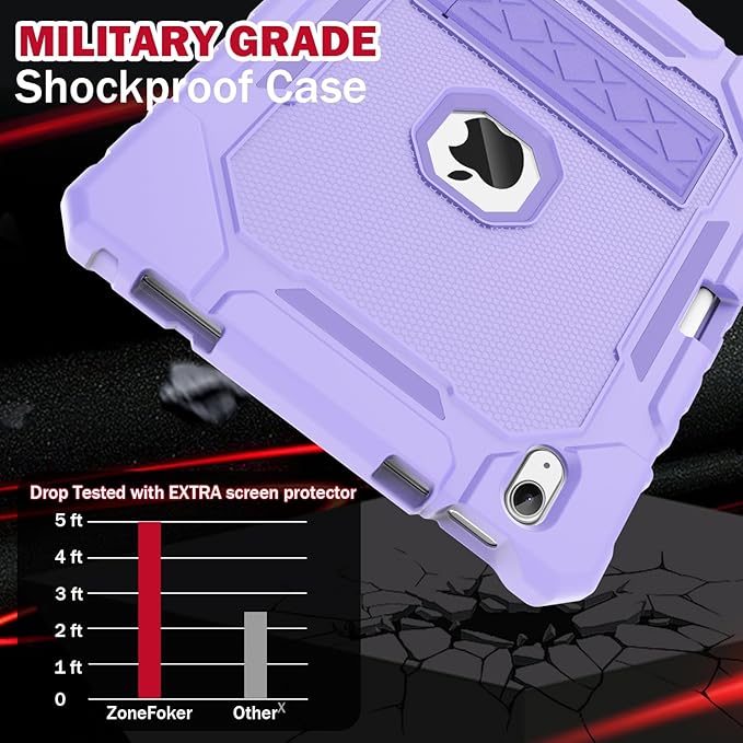 ZoneFoker Case for iPad (A16) 11th/10th Generation 11/10.9 inch 2025/2022, Heavy Duty Military Grade Shockproof Rugged Cover with Pencil Holder/Stand for i Pad 11th / 10 th Gen (Light Purple)