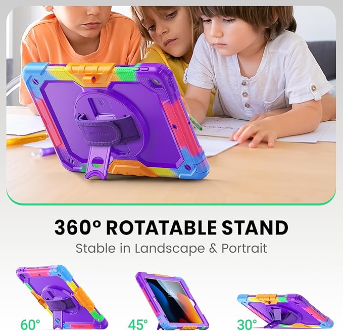 SEYMAC Kids Case for iPad 9th/8th/7th Generation 10.2 Inch with Screen Protector, Rotatable Hand Strap/Stand, Shoulder Strap, Shockproof Heavy Duty Protective Case for iPad 10.2, Colorful Purple