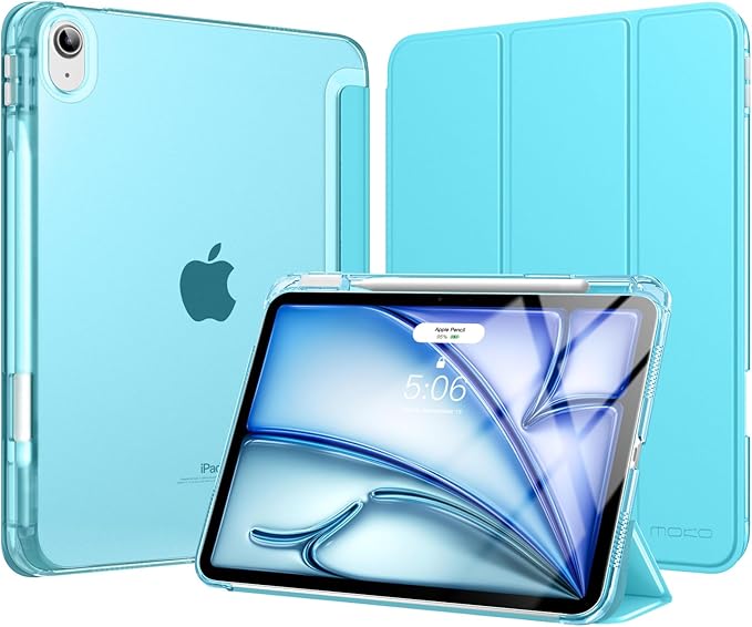 MoKo for iPad Air 11 inch Case (M4/M3/M2) 2026/2025/2024, iPad Air 5th/4th Gen 10.9 inch Case 2022/2020 with Pencil Holder, Slim Light Trifold Cover with Hard PC Translucent Back Shell, Azure