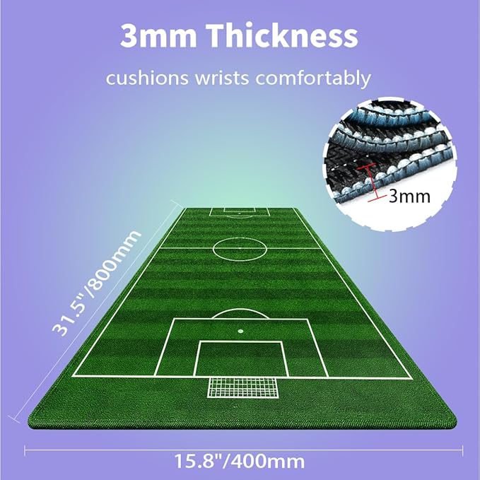Large Gaming Mouse Pad (31.5" x 15.8") - Football Field Design Cool Green Soccer Course, Extra XXL Office Accessories, Premium Stitched Anti-Slip Office Keyboard Desk Mat