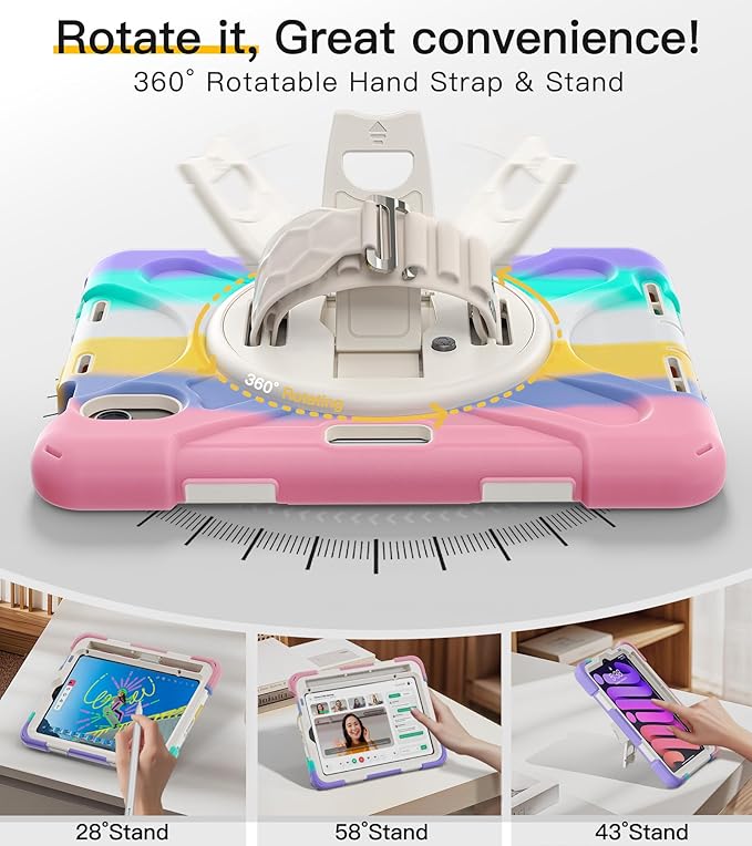 BRAECN for iPad mini 7(A17 Pro)/ 6 case 2024/2021 8.3 inch Heavy Duty Shockproof Protective with Pencil Holder Screen Protector 360°Rotating Stand Handle Full Body Cover Shoulder Strap Kids Friendly