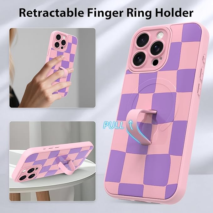 KANGHAR Compatible with iPhone 16 Pro Max Case, Support for MagSafe, Silicone Checkered Cute Pattern, Wristband Kickstand Camera Protection Soft Slim Cover for Girls Women -Pink